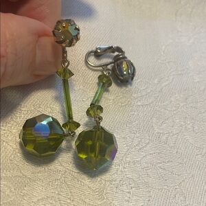 Vintage Green Crystal Drop Dangle Clip On Earrings